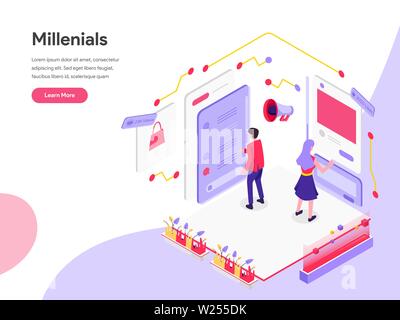 Landing page del modello millennial e Social Media illustrazione isometrica concetto. Piatto isometrica design concept di progettazione di pagine web Illustrazione Vettoriale