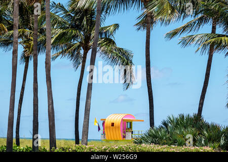 Miami Beach Florida, North Beach, stazione di bagnino torre, palme, spiaggia pubblica dell'Oceano Atlantico, FL190531049 Foto Stock