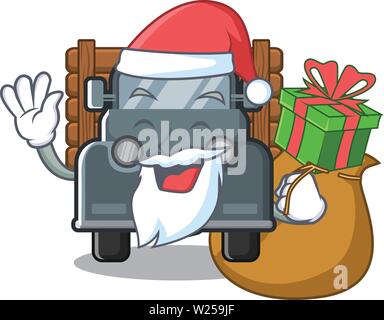 Santa con dono miniatura vecchio carrello nella sedia di carattere Illustrazione Vettoriale