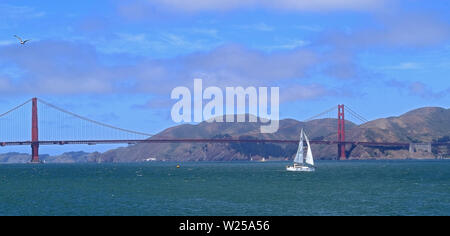 San Francisco, California. Golden Gate Bridge con barca a vela e seagull Foto Stock