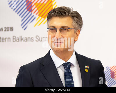 Posen, Polonia. 05 Luglio, 2019. Andrej Plenkovic, Primo ministro della Croazia, registrato presso i paesi dei Balcani occidentali svoltosi. Obiettivo del vertice è quello di assistere i paesi dei Balcani sulla loro strada per la possibile adesione all' Unione europea. Credito: Monika Skolimowska/dpa-Zentralbild/dpa/Alamy Live News Foto Stock