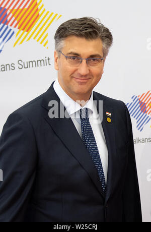 Posen, Polonia. 05 Luglio, 2019. Andrej Plenkovic, Primo ministro della Croazia, registrato presso i paesi dei Balcani occidentali svoltosi. Obiettivo del vertice è quello di assistere i paesi dei Balcani sulla loro strada per la possibile adesione all' Unione europea. Credito: Monika Skolimowska/dpa-Zentralbild/dpa/Alamy Live News Foto Stock