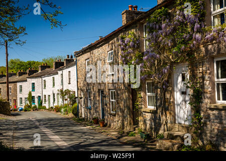 Regno Unito, Cumbria, York, Millthrop, il glicine di crescita della pianta al di fuori di pietra costruito cottage sulla strada attraverso la frazione Foto Stock