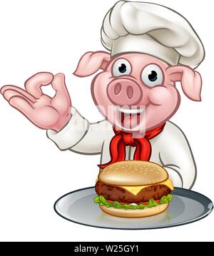 Cartoon Chef di maiale Holding Burger Illustrazione Vettoriale