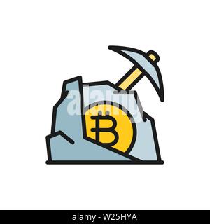 Piccone con pietra bitcoin, blockchain cryptocurrency, schermo piatto a colori icona. Illustrazione Vettoriale