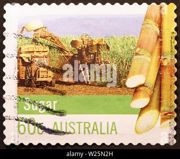 La canna da zucchero raccolta su australian francobollo Foto Stock