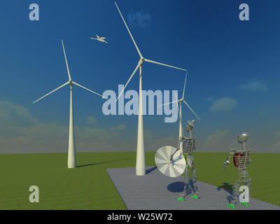 Don Chisciotte si muove con i tempi 3D'illustrazione 2. Robot caratteri rispetto ai mulini a vento, prospettiva, futuristico, sullo sfondo del cielo. Collezione. Foto Stock