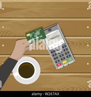 Tipo moderno pay card senza contatto. Terminale di vettore di ottenere la scheda di verifica quando si passa il pagamento illustrazione Illustrazione Vettoriale