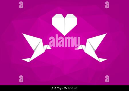 Due bianchi origami uccelli in amore. Gli uccelli e il cuore viola basso poli dello sfondo. Il giorno di San Valentino concetto, amore bigliettino. Origami colombe. Vettore Illustrazione Vettoriale