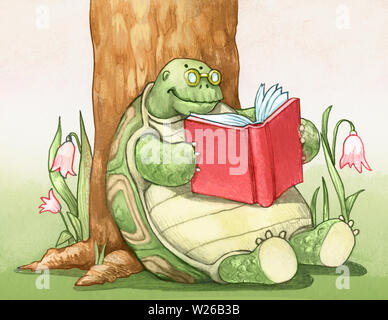 Una tartaruga appoggiata contro un albero legge un libro metafora del lento piacere della lettura divertente disegnare a matita Foto Stock