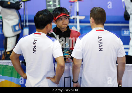 Mostra dltremare, Napoli, Italia. 6 Luglio, 2019. (L a R) Naoki Isobe, Masaya Endo, Szucsak Matyas (JPN), 6 luglio 2019 - Tiro a Segno - fucile : il trentesimo Universiade estiva 2019 Napoli Uomini 10m Air Rifle Qualificazione presso la Mostra dltremare, Napoli, Italia. Credito: Naoki Morita AFLO/sport/Alamy Live News Foto Stock