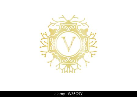 La lettera V Logo iniziale per matrimoni, Boutique, elemento di lusso, illustrazione vettoriale Illustrazione Vettoriale
