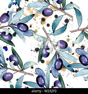 Olive Branch con frutta nera. Acquerello illustrazione dello sfondo impostato. Perfetta configurazione di sfondo. Foto Stock