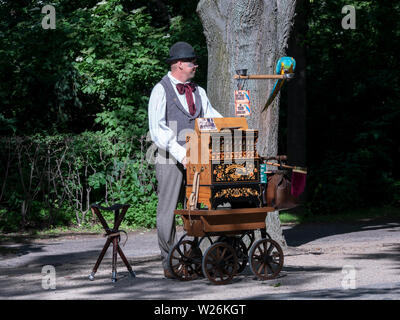 Berlino, Germania - Giugno 8, 2019: un organetto Player con un pappagallo a Berlino, Germania Foto Stock