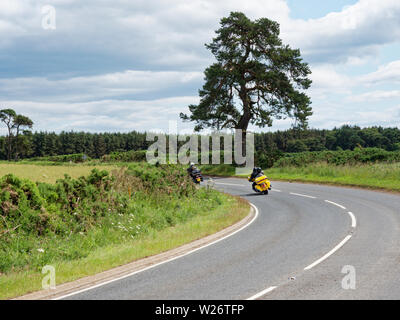 Harley Davidson Moto sulla strada di un paese vicino a Friockheim in Angus come parte del Brechin Harley Davidson in città si incontrano. La Scozia, 6 luglio 2 Foto Stock