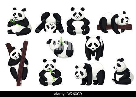 Set di carino big panda in diverse pose cartoon animale piatto design illustrazione vettoriale. Illustrazione Vettoriale