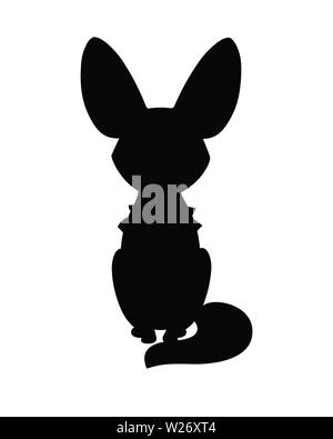 Silhouette nera carino fennec fox sedersi sul piano illustrazione vettoriale cartoon design animale sfondo bianco vista frontale. Illustrazione Vettoriale