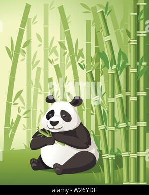 Gli alberi di bambù asiatico paesaggio forestale con grazioso panda grande mangiare piatti di bambù illustrazione vettoriale. Illustrazione Vettoriale