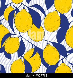 Limoni stile moderno disegnato a mano modello senza giunture. Giallo agrume sfondo colorato. Limone fresco rami e foglie. Agrumi line art texture. La carta di avvolgimento, tessuto di sfondo tessili Illustrazione Vettoriale