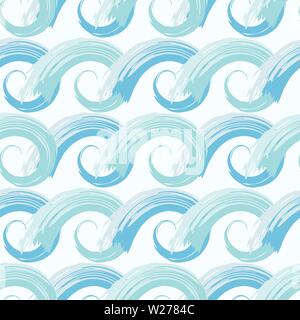 Disegnato a mano stilizzata blu oceano onde con effetto pittorica. Seamless vettore geometrico pattern su sfondo bianco. Ottimo per marine prodotti a tema Illustrazione Vettoriale