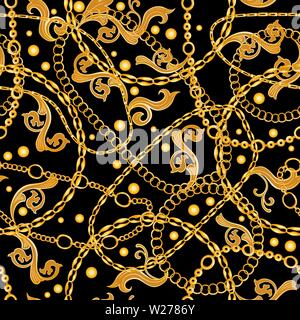 Catene d'oro Gioielli barocchi Seamless disegno vettoriale. Oro sullo sfondo di accessori per la moda arte Design. Alla moda decorativa bandana sciarpa con perle Illustrazione Vettoriale