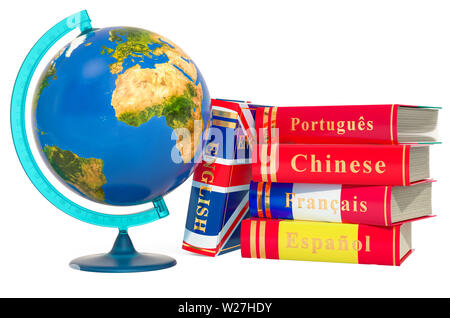 Lingue libri con Globo geografico della Terra, 3D rendering isolati su sfondo bianco Foto Stock
