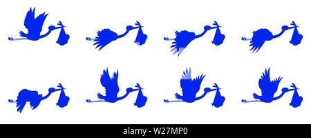 Cicogne che trasportano il neonato, sequenza di animazione volante, animazione loop, silhouette in foglio di sprite Illustrazione Vettoriale