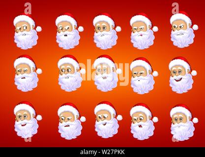 Espressioni del volto di Babbo Natale, emoticon Illustrazione Vettoriale