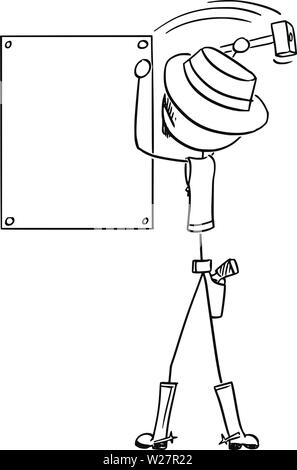 Vector cartoon stick figura disegno illustrazione concettuale del western cowboy o sceriffo di chiodatura criminale vuoto manifesto wanted. Illustrazione Vettoriale