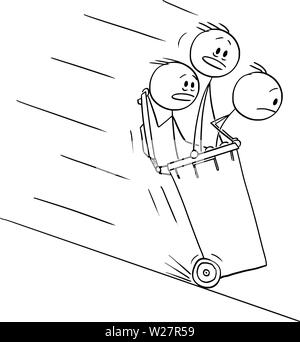 Vector cartoon stick figura disegno illustrazione concettuale di uomini o uomini di affari in sella all'interno del bidone con ruote giù per la collina. Illustrazione Vettoriale