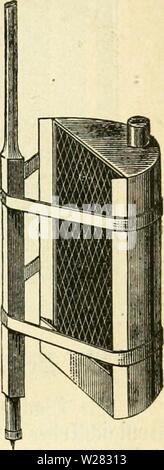 Immagine di archivio da pagina 350 di Das Buch von der biene. Das Buch von der biene dasbuchvonderbie00witzg Anno: 1898 35ie onigjdIeuber. 335 })ahtn affeetrommet {)a unb au§ 2scommettere|6(ecf) angefertigt ift. Sm unteren 2;ei(e bcfinbet firf) ein haften, ber gum tniammeln essere§ $onig§ bient; oben jeigt iebel ber ein 5tu§f(u(0(|, tüel(f)e§ einen S)ur(i)mefjer öon 3 cm partita. Sie ift für 2 alb- ober 1 onärä'mrfien, refp. S3ogenrämrf)en eingerirfjtet. SDie SSorberfeite ift mit inbfaben ober rotit burcf(OCF)dieci unb bient äitnt 2luf[egen ber gu fcleubernben SBaben. inb bie mit §onig gefüllten SSoben entberfelt Foto Stock