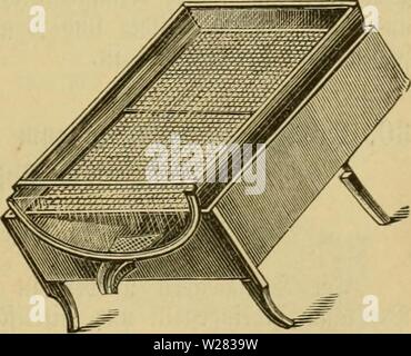 Immagine di archivio da pagina 352 di Das Buch von der biene. Das Buch von der biene dasbuchvonderbie00witz Anno: 1898 onnentoadSfmeläer au§ t)su otb u. röber. le( 28. föntg- onu parijsnuslal?- npiitirflt (5ig. 234) t)su 6r. In Vttjc (Snbcr§6adf), QBiivttemberg. S)ieier 3lpparat bient gum 3lu§= laffen essere§ $onig§ unb jum d)mel5en essere§ 2Barf)fe§ nn ber ®onne. (£r essere- ftet)t au§ einem Slecgefä, ha 50 cm lang, 40 cm breit, mit öerginntem rat)tfieb unb oben unb torne mit (un§= fd)eiben oerjetjen ift. S)Un§ ®efä§ felbft rul)t auf einem olägeftell, ioeIcf)e§ mittelft erfteflf(raube balb fcräger, balb niagred) Foto Stock