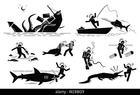 Mare animali e creature sottomarine attacco icone umana segni simboli. Le illustrazioni mostrano calamaro gigante, sailfish, pesci leone di mare, mare snake, box jell Illustrazione Vettoriale