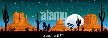 Paesaggio notturno del deserto dell'Arizona. Paesaggio deserto roccioso. Montagne e cactus. Il Monument Valley in Arizona e Utah. Illustrazione Vettoriale