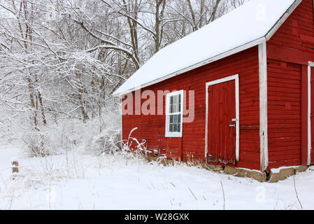 Vista panoramica con colore rosso vivo fienile vicino fino in foresta tra alberi coperti di neve fresca. La vita rurale in inverno e concetto di agricoltura. Foto Stock