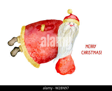 Acquerello illustrazione di Babbo Natale a volare con un sacco di doni, felice anno nuovo e felice Natale. Adatto come un modello per le cartoline, dono tags Foto Stock