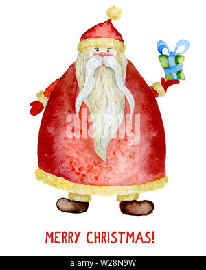 Acquerello illustrazione di Babbo Natale con un dono, felice anno nuovo e felice Natale. Modello per cartoline, dono etichette, imballaggio. Foto Stock