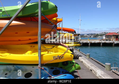 Plastica impilati canoe nel porto di Wellington Foto Stock