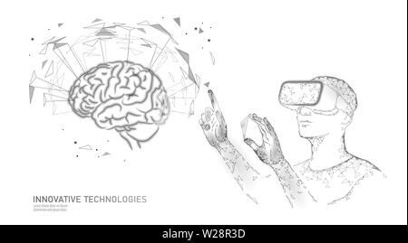 Attiva il cervello umano VR auricolare livello successivo menthal abilità. Uomo che indossa gli occhiali augmented reality blu geometrico incandescente. Vettore di neurocomputer Illustrazione Vettoriale