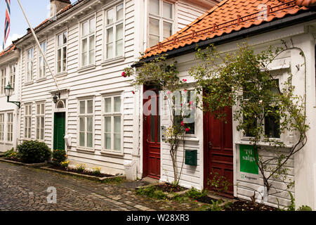 Cottage storico con cespugli di rose crescente intorno alle porte sulla famosa strada di Lille Markeveien a Bergen, Norvegia. Foto Stock