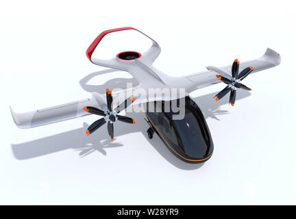 E-VTOL aeromobili passeggeri isolati su sfondo bianco. Urbano di passeggeri il concetto di mobilità. Il rendering 3D'immagine. Foto Stock