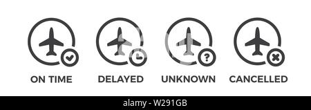 Stato del volo icone. Informazioni aeroporto - in tempo, sconosciuto, ritardi, cancellazioni. In aereo il set di simboli Illustrazione Vettoriale