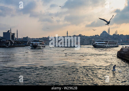 Vista panoramica di Istanbul da Karakoy pier vicino al Ponte di Galata, con lo stretto del Bosforo piena di traghetti e gabbiani.Istanbul, Turchia, Ottobre 2018 Foto Stock