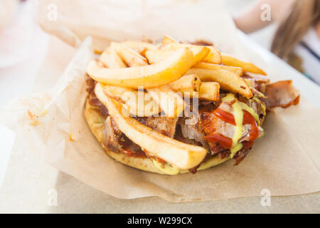 Gyros greco tradizionale fast food. Tagliate a fette grigliate di carne di maiale con patate fritte. Foto Stock