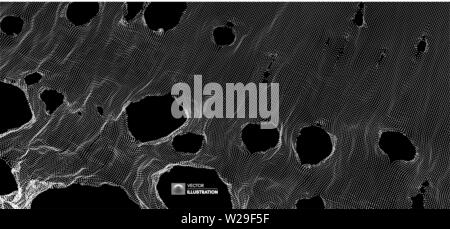 Questa ragnatela è stato rotto. Griglia astratta sfondo con foro. Array con particelle di dinamica. Texture. 3D la superficie della griglia. Tecnologia illustr vettore Illustrazione Vettoriale