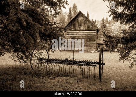 Pioneer Homestead. Antico aratro arrugginito e parete esterna di un tradizionale log cabin nel Midwest americano Foto Stock