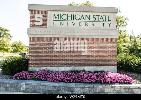 East Lansing, Michigan, Stati Uniti d'America - 17 Settembre 2018: segno per il Michigan State University campus. MSU è la casa del Michigan State Spartans. Foto Stock