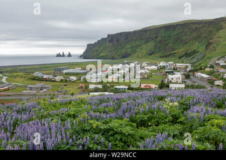 Vista generale sulla città di Vik, sud dell'Islanda. Foto Stock