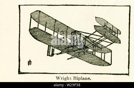 Questa illustrazione di Wright's biplano risale ai primi 1920s. Noto come il Wright Flyer, esso è il frutto di due fratelli Wright Orville e Wilbur, che ha sperimentato con esso su una desolata pianura sabbiosa a Kitty Hawk, North Carolina. Il primo volo effettivo è stato effettuato nel mese di settembre del 1902. Il piano alloggiato a galla per due minuti. Essi hanno continuato a sperimentare e il 10 settembre 1908, Orville Wright è rimasto in aria per 62 minuti e 15 secondi a Fort Meyer, vicino a Washington. Foto Stock