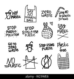 ZERO rifiuti di plastica. Impostare iscrizione manoscritta preventivo. Ecologia scritte a mano isolato su bianco Illustrazione Vettoriale